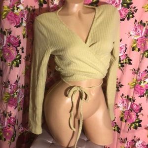 Tan wrap ballerina crop top long sleeve sursplice